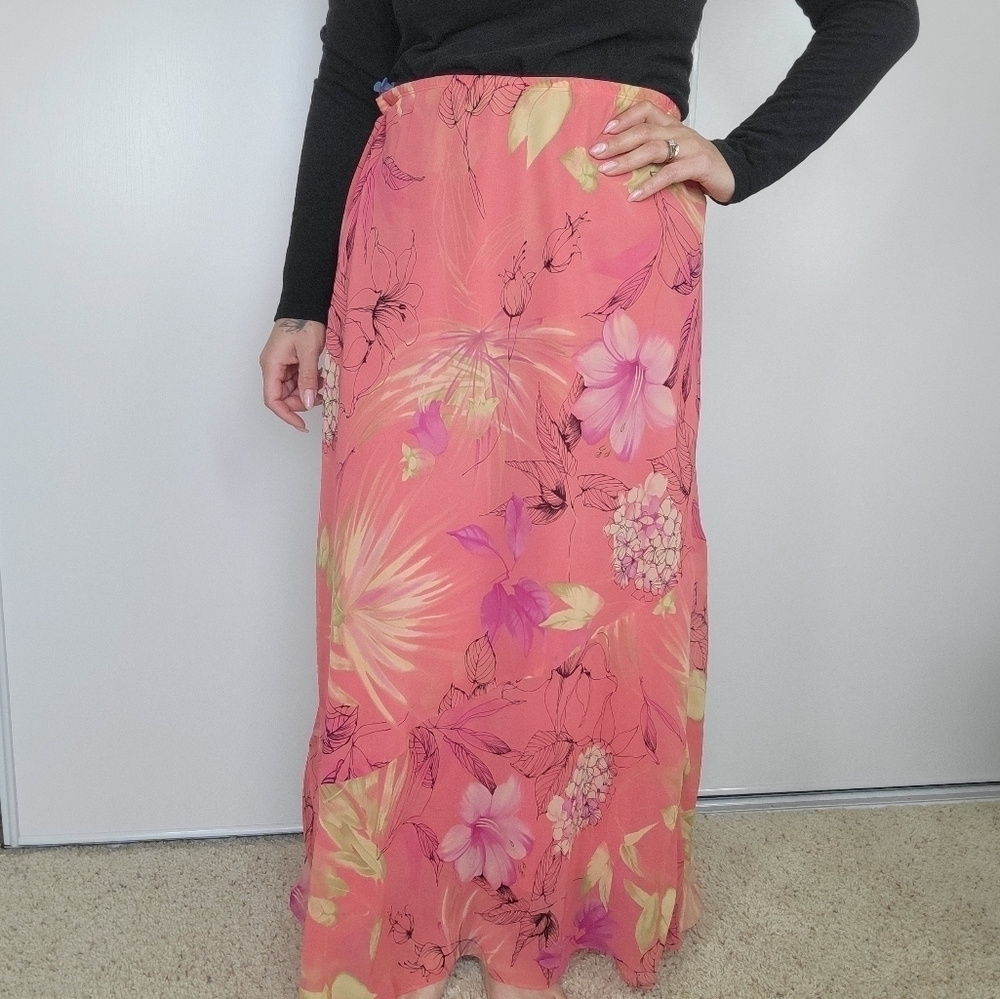 Meghan Matthews Coral Pink Floral‎ Maxi Skirt Womens 16 Flowy Boho Hippie Vtg